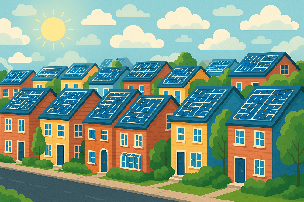 An image showing a street of houses all with solar panels